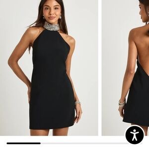 Boohoo Black Halter Backless Mini Dress with Jeweled Collar